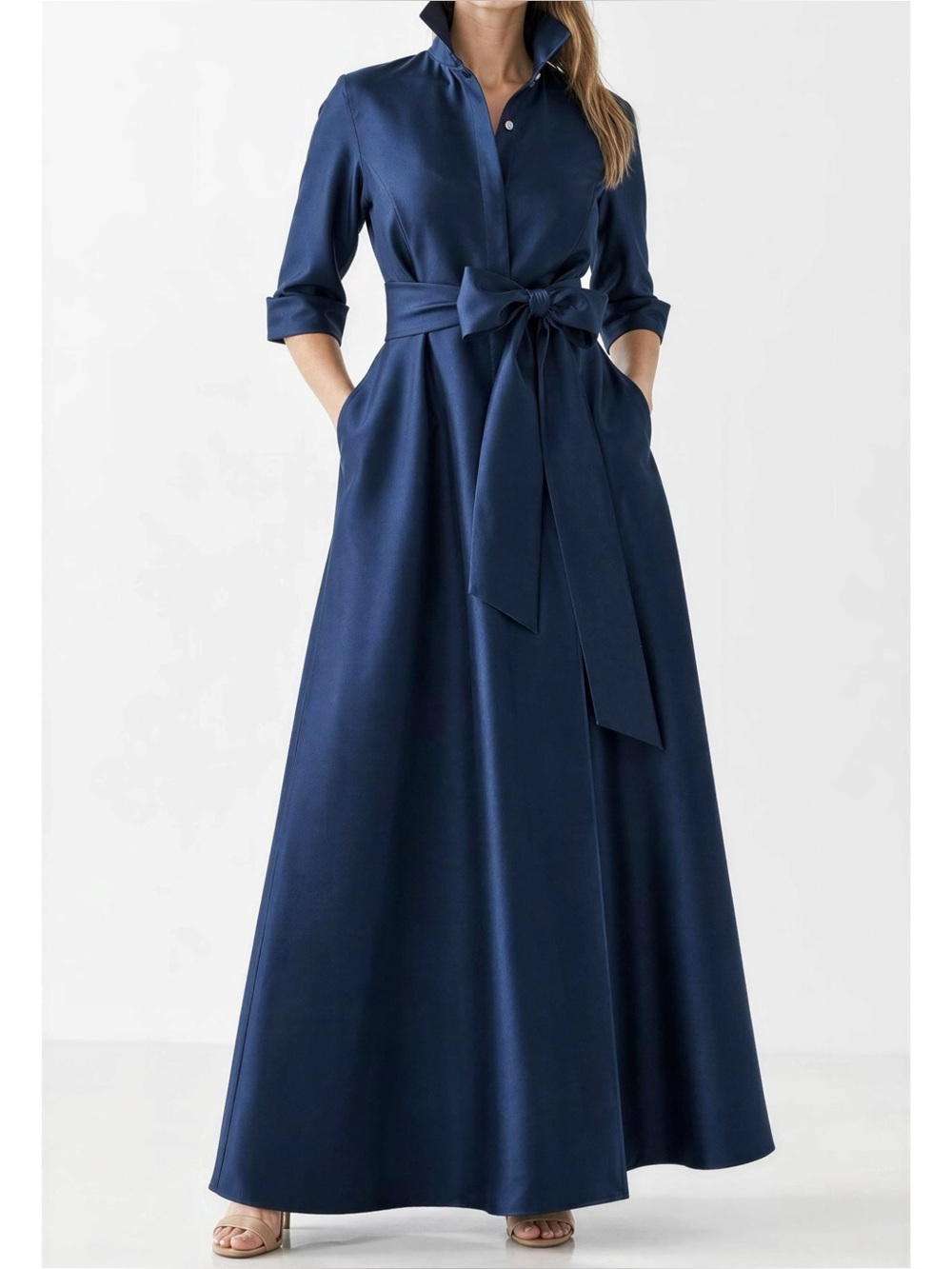 AFTER SIX Sabine Satin Twill Shirtdress Gown W/ Sash, Navy, Medium STYLE 6920